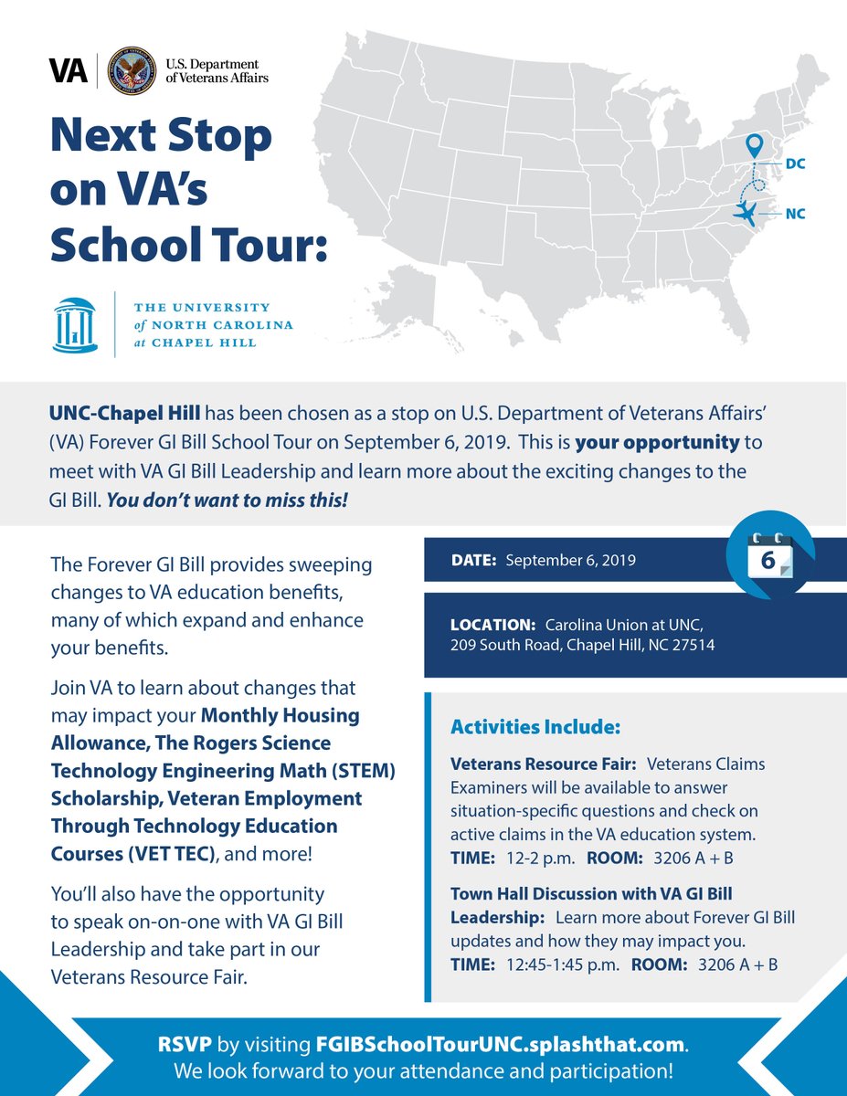 CarolinaVets's tweet photo. #GIBill Students: Do you have questions about how the #ForeverGIBill may impact you? Get answers from VA GI Bill leadership during a Veterans Resource Fair and Town Hall Discussion at UNC-Chapel Hill on September 6. RSVP here: https://t.co/h7rApQ3F28 #FGIBSchoolTour #unc_system https://t.co/Pef5xRKIMl