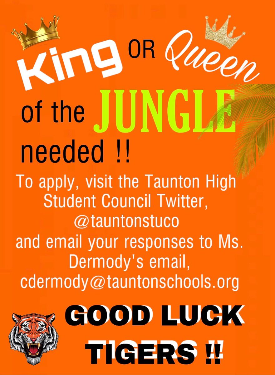 Taunton High StuCo (@tauntonstuco) on Twitter photo CLASS OF 2020 !!
We are looking for the newest King or Queen of the jungle.. you can either email cdermody@tauntonschools.org or type your answers out and return them to Ms. Dermody in D301 by WEDNESDAY! CLASS OF 2020 !!
We are looking for the newest King or Queen of the jungle.. you can either email cdermody@tauntonschools.org or type your answers out and return them to Ms. Dermody in D301 by WEDNESDAY!