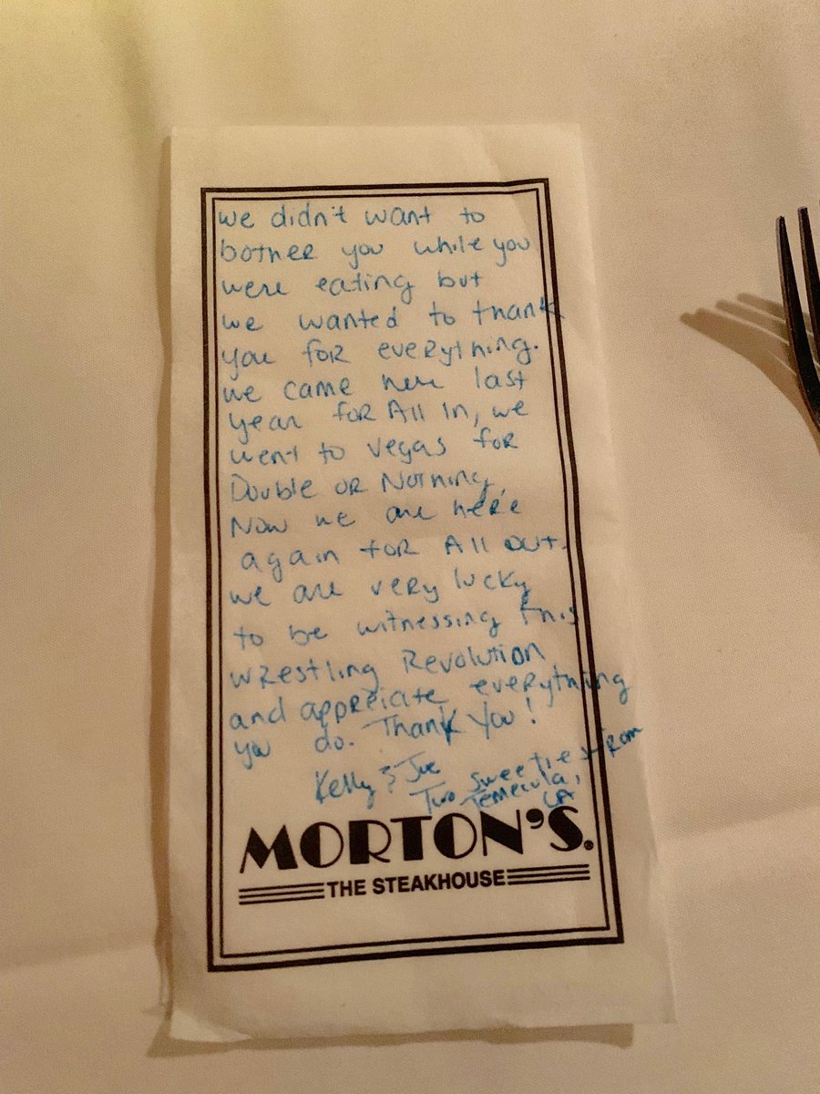 AEW's tweet image. This is why we have the best fans. Thank you to the couple who left this note for the crew at dinner this evening.