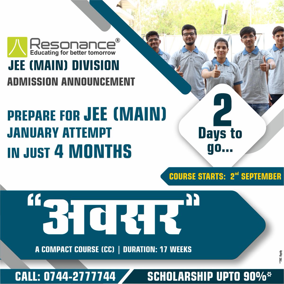 Resonance_JMD's tweet photo. 2️⃣ 𝓓𝓪𝔂𝓼 𝓽𝓸 𝓰𝓸....
Resonance has launched a special short-term course AWASAR

✅TARGET: JEE (MAIN) JANUARY 2020

➡️A 4 Months compact course for JEE Main January 2020 attempt

Application Form FEE: Rs 300/-

🔹Scholarship Upto 90%🔹 https://t.co/zl9Pr2tyot