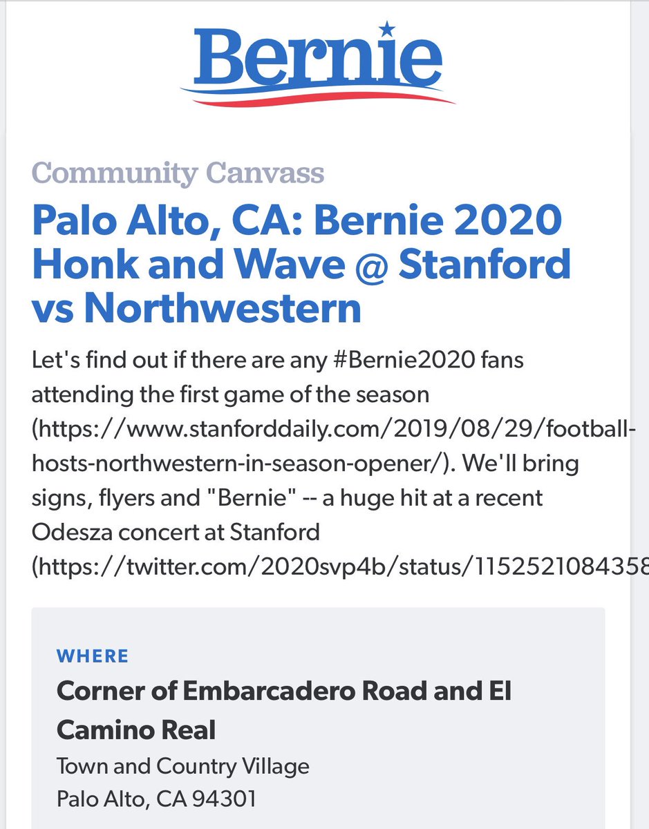 2020svp4b's tweet image. VOLUNTEERS NEEDED!
Hey #PaloAlto, #MtView #SanJose #SJSU #SCU 
Bernie Sanders supporters

Come out for a fun time Saturday morning Aug 31 &amp;amp; show your #Bernie2020 Spirit during the #Stanford #football game

#weekend 
act.berniesanders.com/event/communit…