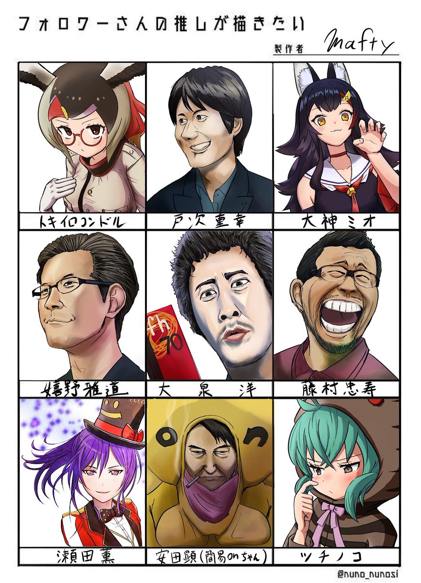 #フォロワーさんの推しが描きたい
やっと出来たぞゴラァ!

トキイロコンドル・ツチノコ・瀬田薫・大神ミオ・戸次重幸(シゲ)・安田顕(簡易onちゃん)・嬉野雅道・藤村忠寿・鈴井貴之・大泉洋(日焼け止め装備)

手違いであぶれちゃったミスターは寂しくないように大泉洋で囲ってあげました 