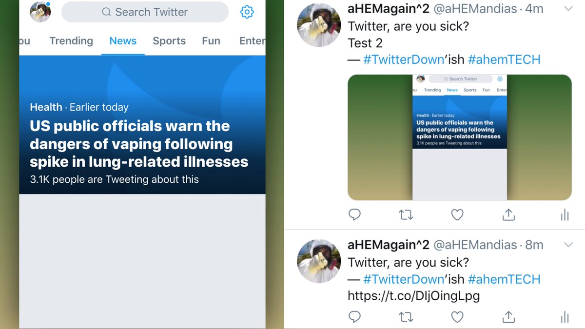aHEMandias's tweet photo. 22 hours later & Twitter still seems to be having problems with images/links. Sometimes the tweet has image/link to tweet attached, other times it just shows up as an unlinked https://t.co/vUNh8Eb49N address.
— TwitterDown’ish #ahemTECH https://t.co/agK1NRxLIa