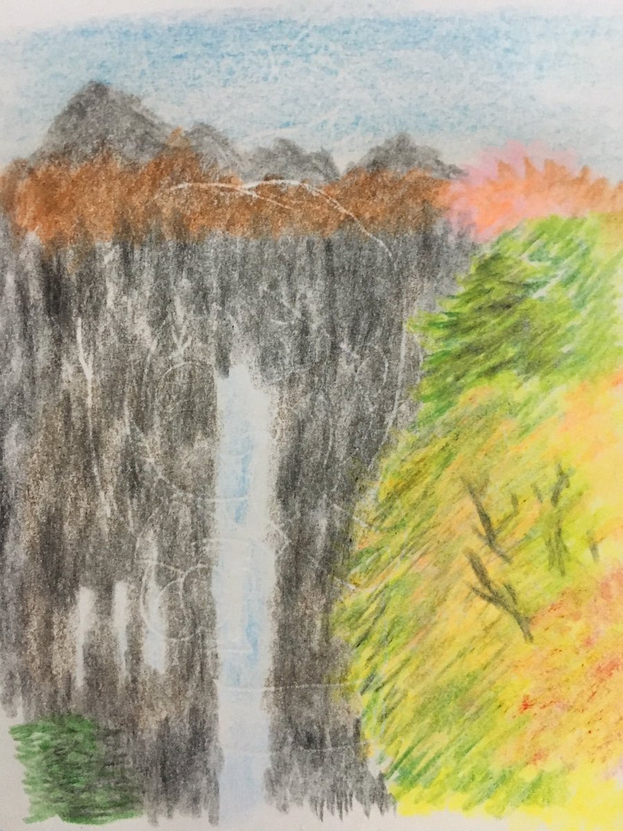 ノブユキ 良い作品を描きたい 亜美ちゃんの作品 華厳の滝 力強さと優しさが出ていて良いですね 風景画 華厳の滝 色鉛筆画