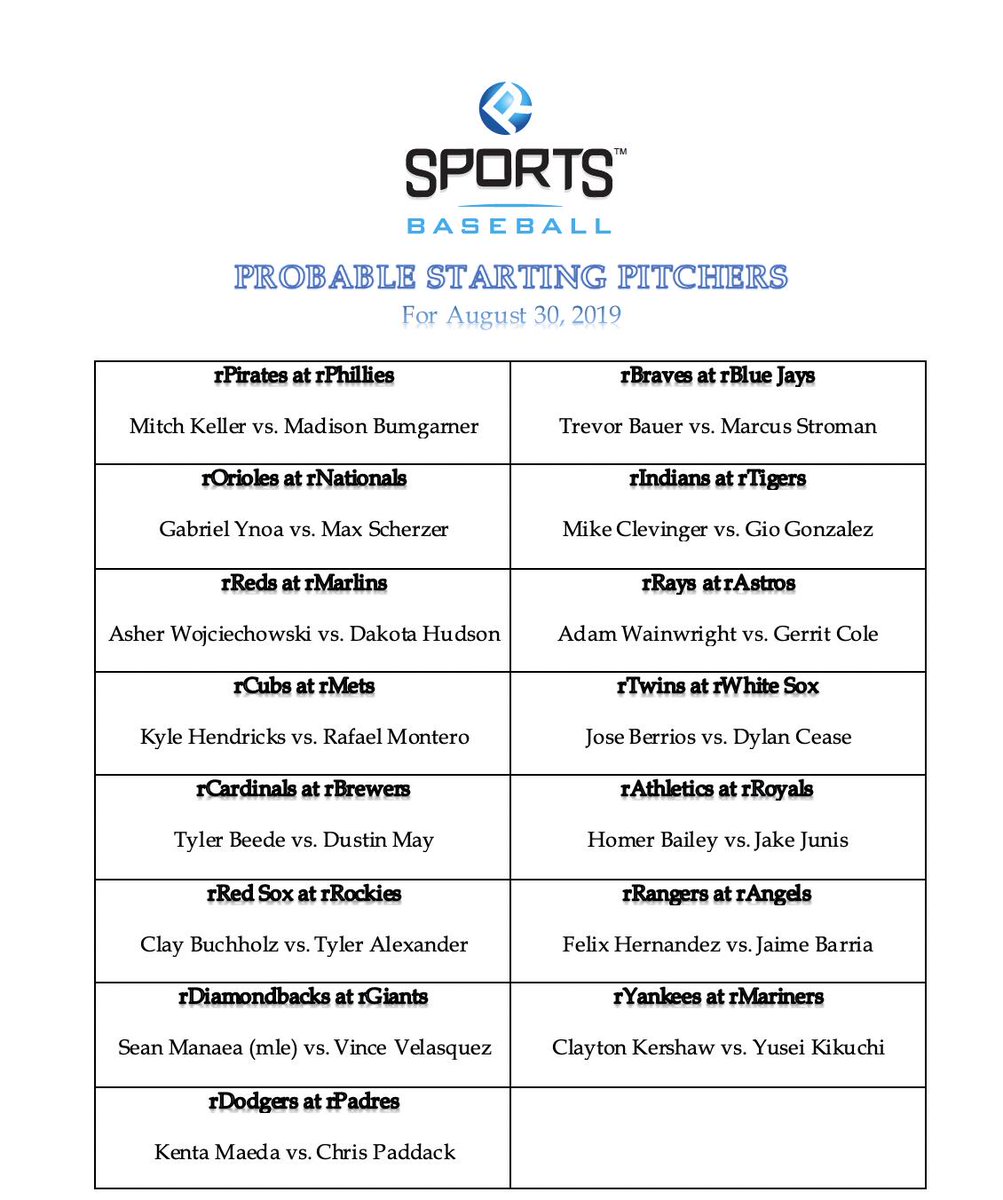 rsportsbaseball's tweet photo. Starting Pitching Probables for #VBL games of August 30, 2019. https://t.co/KNTflZaVQm