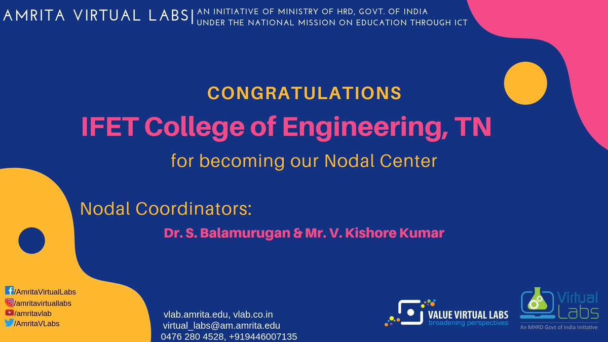 AmritaVLabs's tweet photo. Congratulations IFET College of Engineering (@IFET_CE), Tamil Nadu for becoming Amrita Virtual Labs Nodal Center.

Nodal Coordinators are Dr. S. Balamurugan &amp; Mr. V. Kishore Kumar.

#virtuallabs #MHRD #ICT #AmritaUniversity #Nodalcenter https://t.co/OZlN7HRLu5