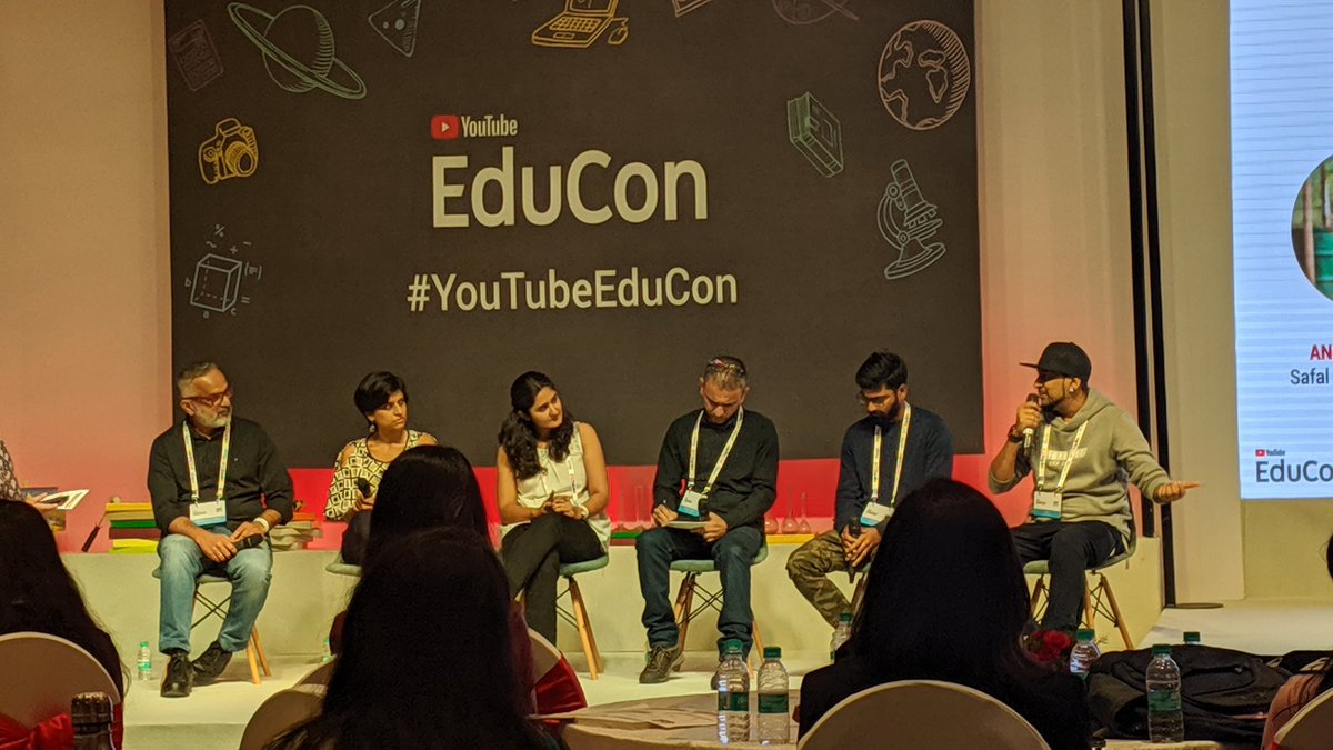 The First panel on Learning beyond Academics with - <a href="/Madstuffwithrob/">Rob</a> <a href="/gardenup_in/">Ekta Chaudhary</a> @dartofscience <a href="/safalfuture/">Safal future in Cricket</a> . #YouTubeEduCon