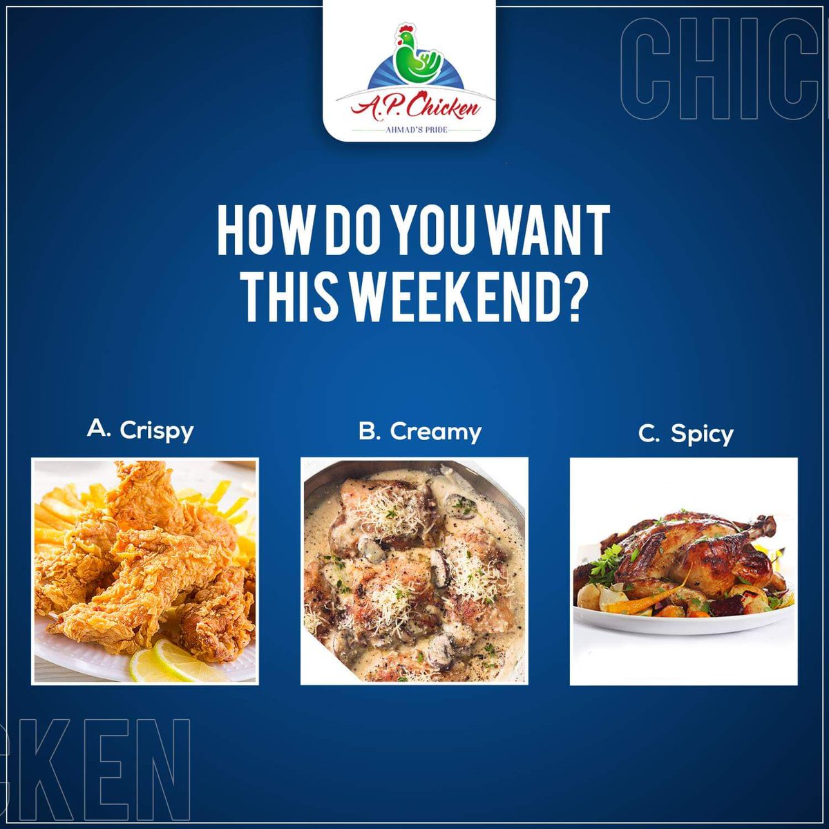 ap_chicken's tweet photo. How do you want this Weekend ?
A- Crispy
B- Creamy
C- Spicy
#APChicken #AP #FreshChicken #EasynQuick #Natural #FrozenChicken #Healthy #HalalApchicken #Unique #Storage #FrozenFood #Pakistan https://t.co/i4TNSdGHG4