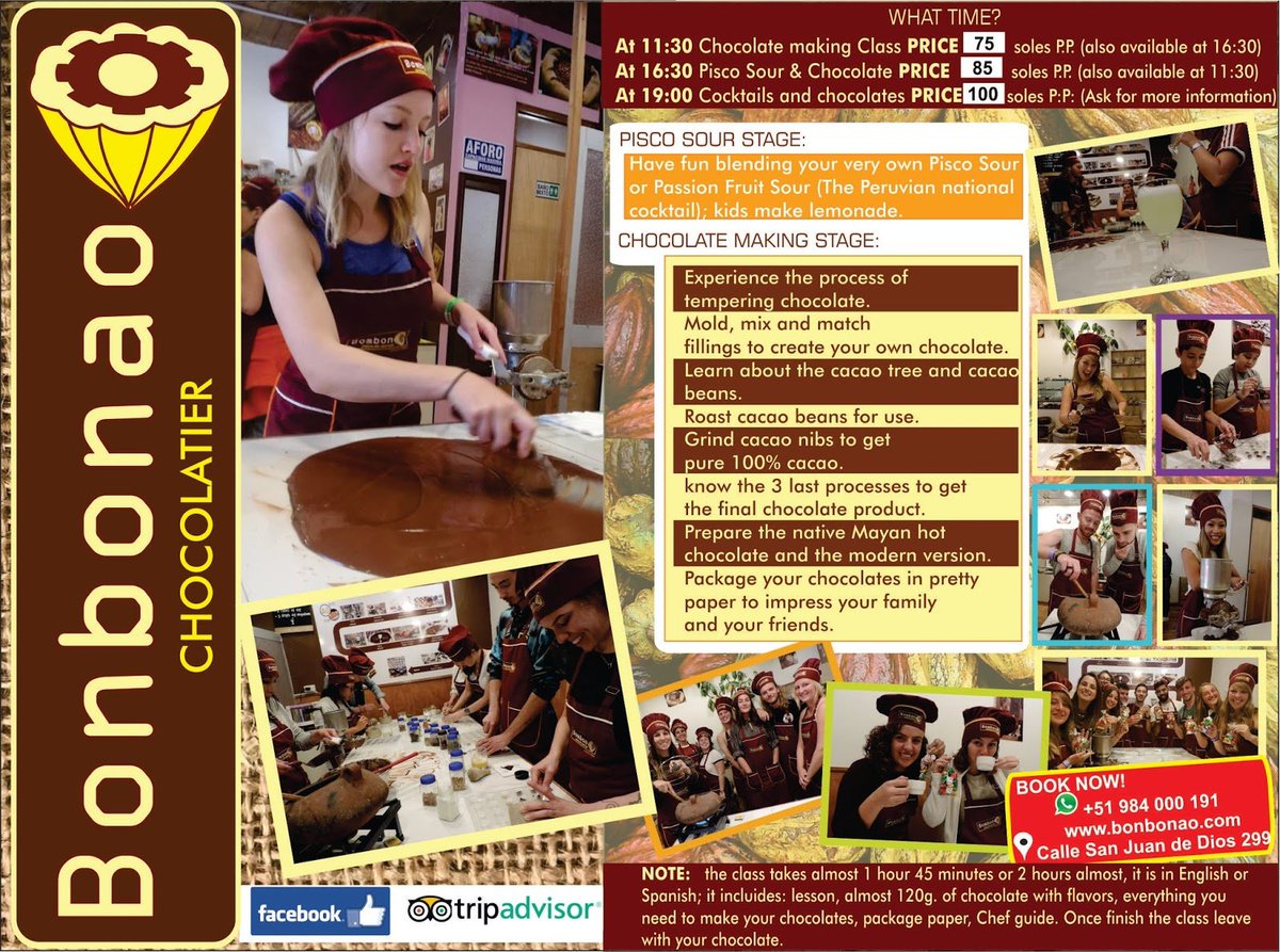 ClassesPeruvian's tweet photo. Want To Learn How to Make Chocolate? Then Join the Peruvian #CookingClasses, in which The class begins by making the #Peruvian national cocktail.

1st. workshop at 11:30 A.M. - 13:30.
Price per person S/.75 soles or $ 25 USD
Visit now for More Information https://t.co/0zr5YLImXT https://t.co/uPqIKTlJFV