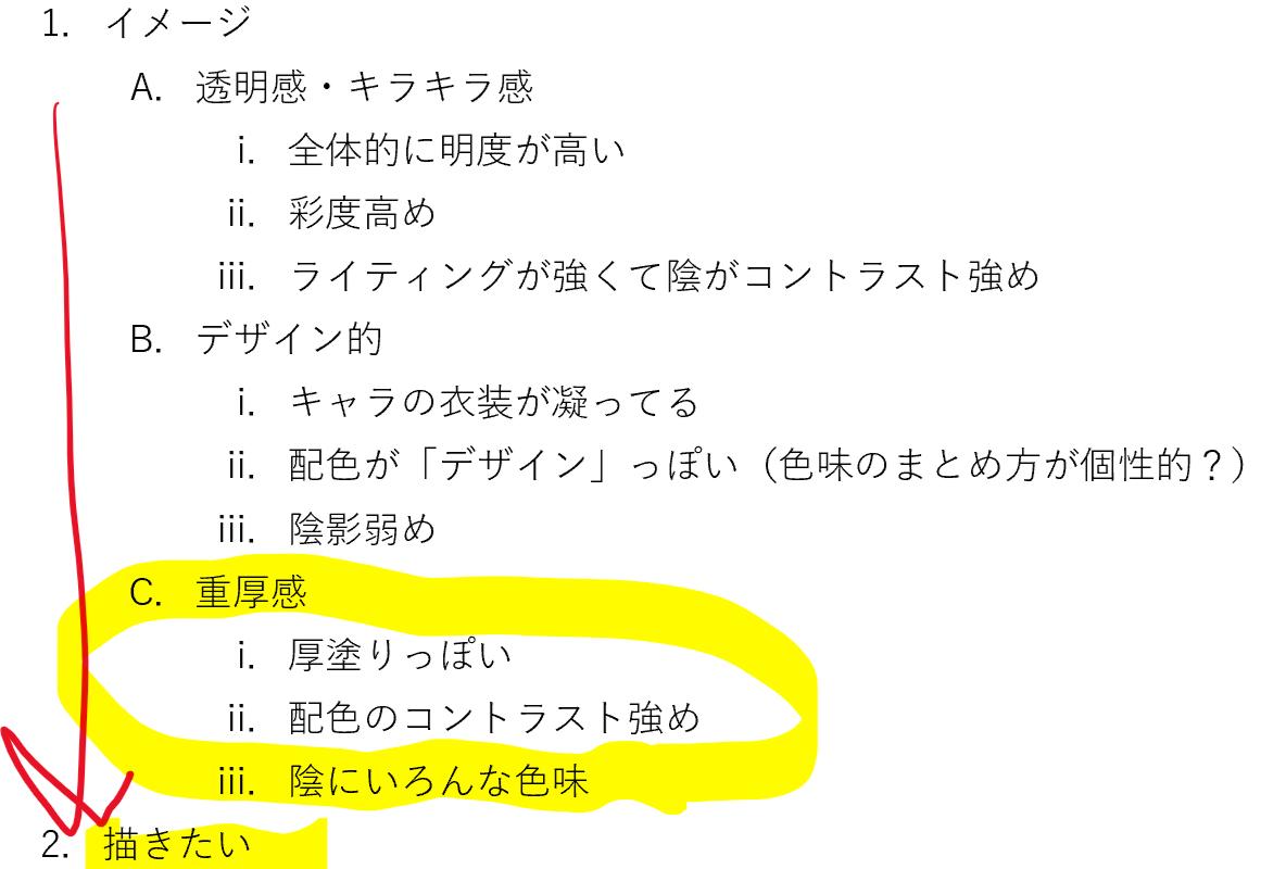 自分が好きだと感じる絵について本気出して考えてみた。
4枚目が私の場合(大まかな共通項を「イメージ」で括って、その具体的な意味を書き出した)。
このグルーピングで「好き」が具体的になったので「描きたい絵」の要素も分かった気がする。気がするだけ。 