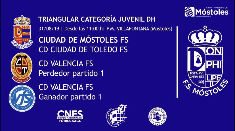 FS_Toledo's tweet photo. DÍA DE PARTIDO | JUVENIL DH | 
🏆 Triangular   
📅 31/08/2019
⏱ 11h 
🏟 Pabellón Villafontana   
⚽️ @1mostolesfs - @FelixRamiro_FR Ciudad de Toledo  
⚽️ 2º partido Perdedor partido 1 @CDFS_Valencia 
⚽️ 3er partido @CDFS_Valencia ganador partido 1 
👨🏻‍💼Víctor Beas
#EvolucionaCDT https://t.co/NjM5JObQoD