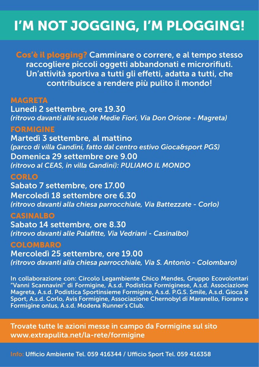 🏃🏼‍♂️🏃‍♀️Conosci il #Plogging? Cammina e corri, aiuta l'ambiente raccogliendo piccoli oggetti abbandonati e microrifiuti: dal 2 al 25 settembre a #Magreta, #Formigine, #Corlo, #Casinalbo e #Colombaro.   #FormigineExtraPulita #AgendaONU2030 #SettembreFormiginese @terminologia