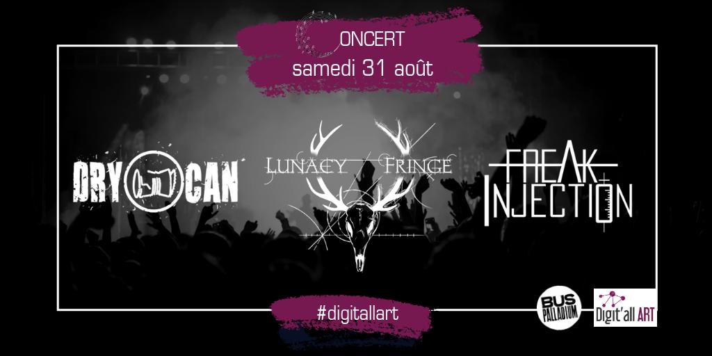 digit_all_art's tweet photo. [🎸🎤 #Concert 31.08 à 21h | @BusPalladiumoff] 👉🏻 https://t.co/gxiGTYN2Nj organisé par #digitallart en collab avec le #buspalladium :
🔥@drycanmusic #drycan 🔥 #LunacyFringe 🔥 @Freak_Injection #freakinjection
▼ Ils vont mettre le feu sur scène 🦄🦝🎶 @ ce soir !
@digit_all_art https://t.co/k0c27szSJU
