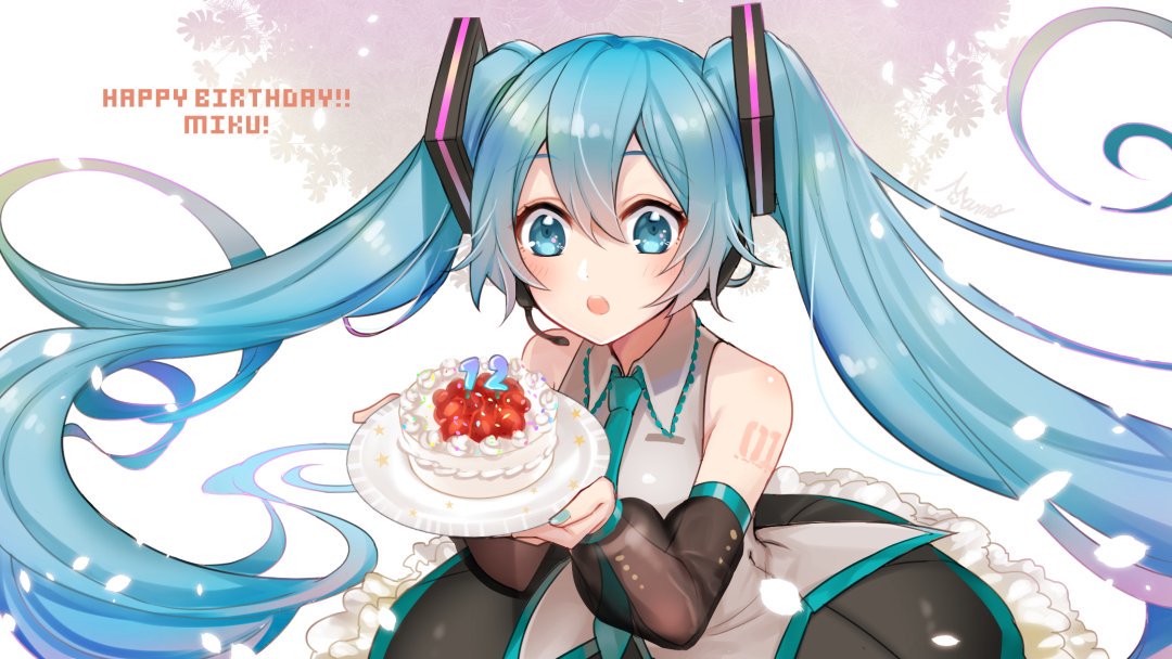 hatsune miku 1girl solo long hair twintails food very long hair skirt  illustration images