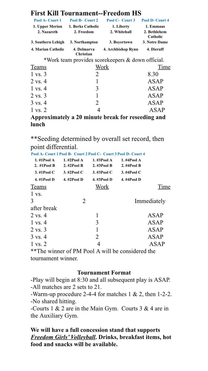 Today’s Schedule:

🏐 Varsity First Kill Tournament @ Freedom starting at 8:30am.
