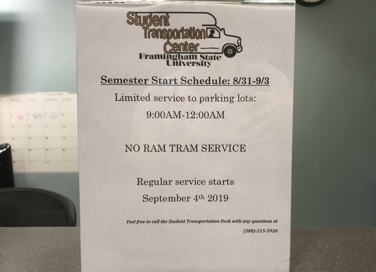 framinghamstc's tweet image. As we start back this semester please keep in mind that STC will be offering limited service to the parking lots from 9:00am – 12:00am. 

STC will be on dispatch, meaning you must call (508) 215-5930 to request a ride. Go Rams!

**Regular Service will resume on Wednesday.