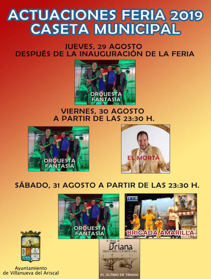 ESTA NOCHE Actuación del cuarteto “Brigada Amarilla, Agüita con Nosotros” 

🕑 00:00h

📍Caseta Municipal de Villanueva del Ariscal (Sevilla) 

🎟 Entrada libre