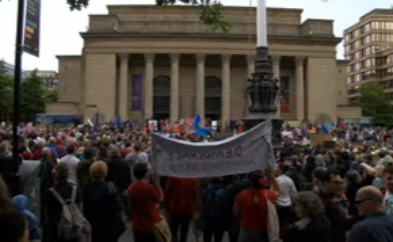 BBCSheffield's tweet photo. Crowds have gathered in Sheffield - as they have around the UK - to demonstrate against Boris Johnson's decision to suspend parliament. The Government says it is acting constitutionally ahead of a Queen's Speech outlining a new legislative programme. https://t.co/qyouC7s0vH