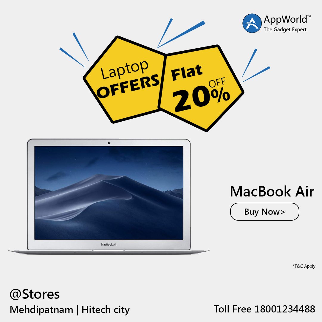 AppWorldIndia's tweet photo. Offers on Mac Flat 20% OFF! Hurry Up!!

Buy #MacBookAir and get off AppWorld

we have more discounts.

AppWorld Service Center
Call 18001234488
Hitech City | Mehdipatnam *T&amp;C 
https://t.co/78gf2MjzHa

#appworld #store  #apple #iphone #macbook #imac #ipad #SaturdayMotivation https://t.co/xzVt8v7gw3