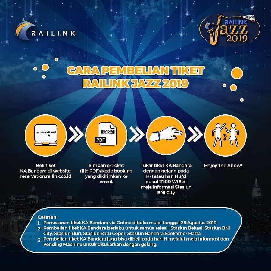 Tomorrow!
Railink Jazz 2019
1 Sept 2019, start jam 1 siang di Stasiun BNI City. Free!*

Tanda masuk: tiket KA Bandara dg tgl keberangkatan 1 Sept 2019

more info: @RailinkARS

#railinkjazz2019 #eventjazz #keretabandara