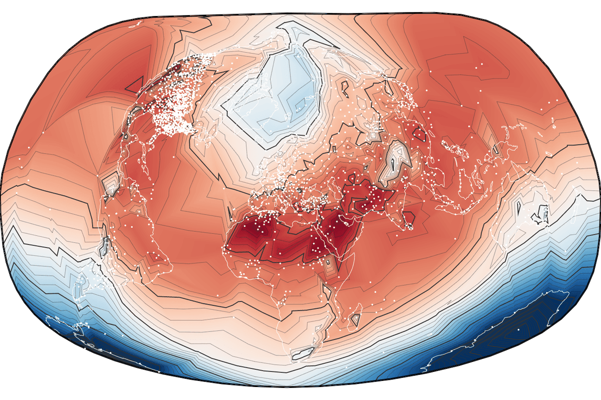 Global temperatures displayed as contours in a Bertin projection