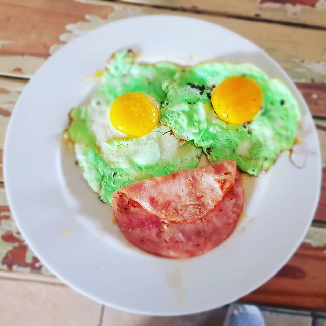 Green eggs and ham. #samiam #danigirl Birthday breakfast for Jeremy, made by his sister.Green eggs and ham. #samiam #danigirl Birthday breakfast for Jeremy, made by his sister.