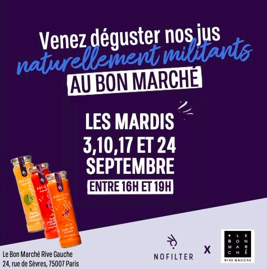 NoFilterFrance's tweet photo. Aujourd'hui marque le grand lancement de l'opération So Punk du Le Bon Marché Rive Gauche où nos jus naturellement engagés seront présents du 31 août au 20 octobre 👌
#weareNoFilter #propageonsleBon #naturellementmilitant https://t.co/8yyPUW0fP8