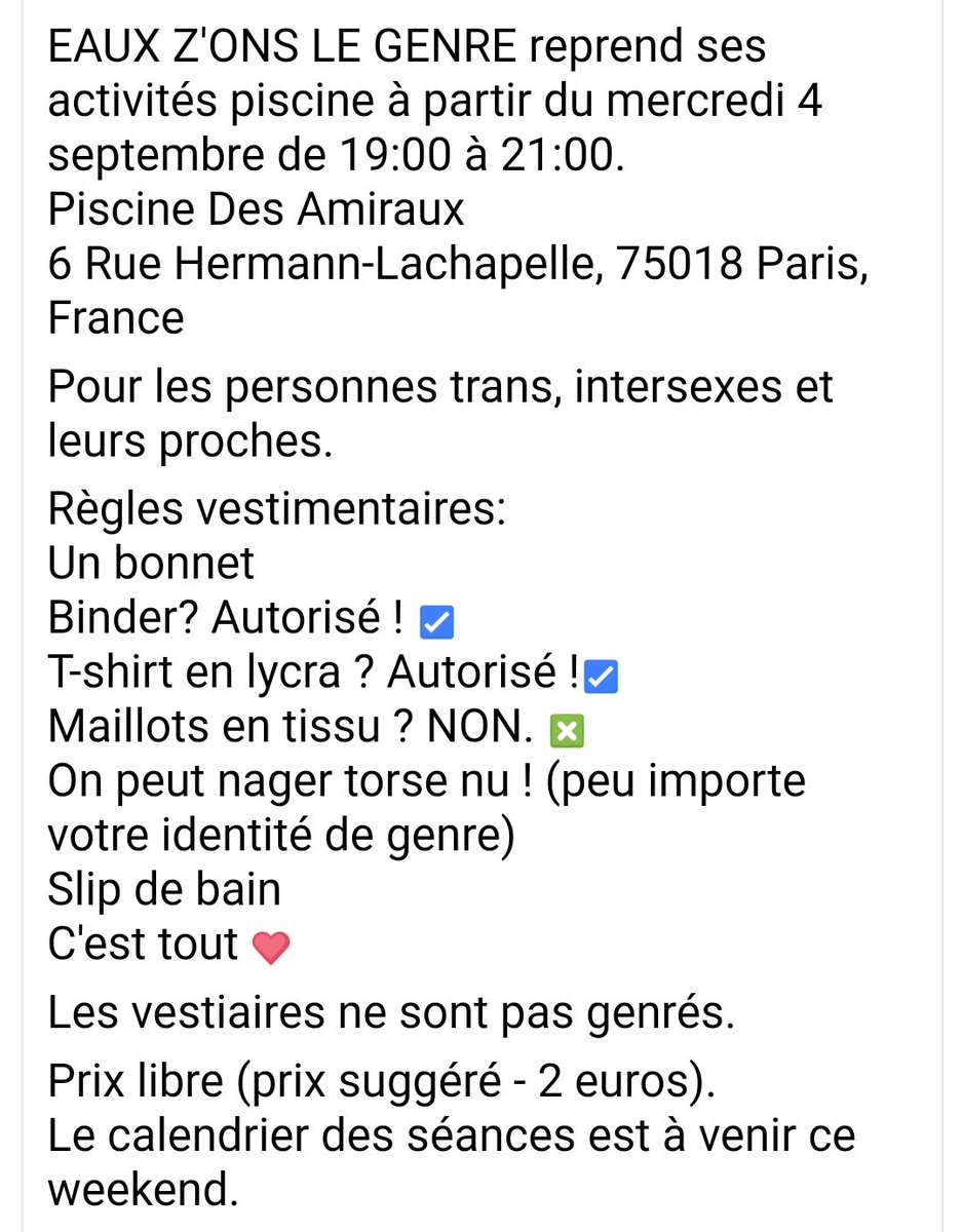 Tu veux nager en sécurité à Paris et t'es trans et/ou inter ? ⤵️