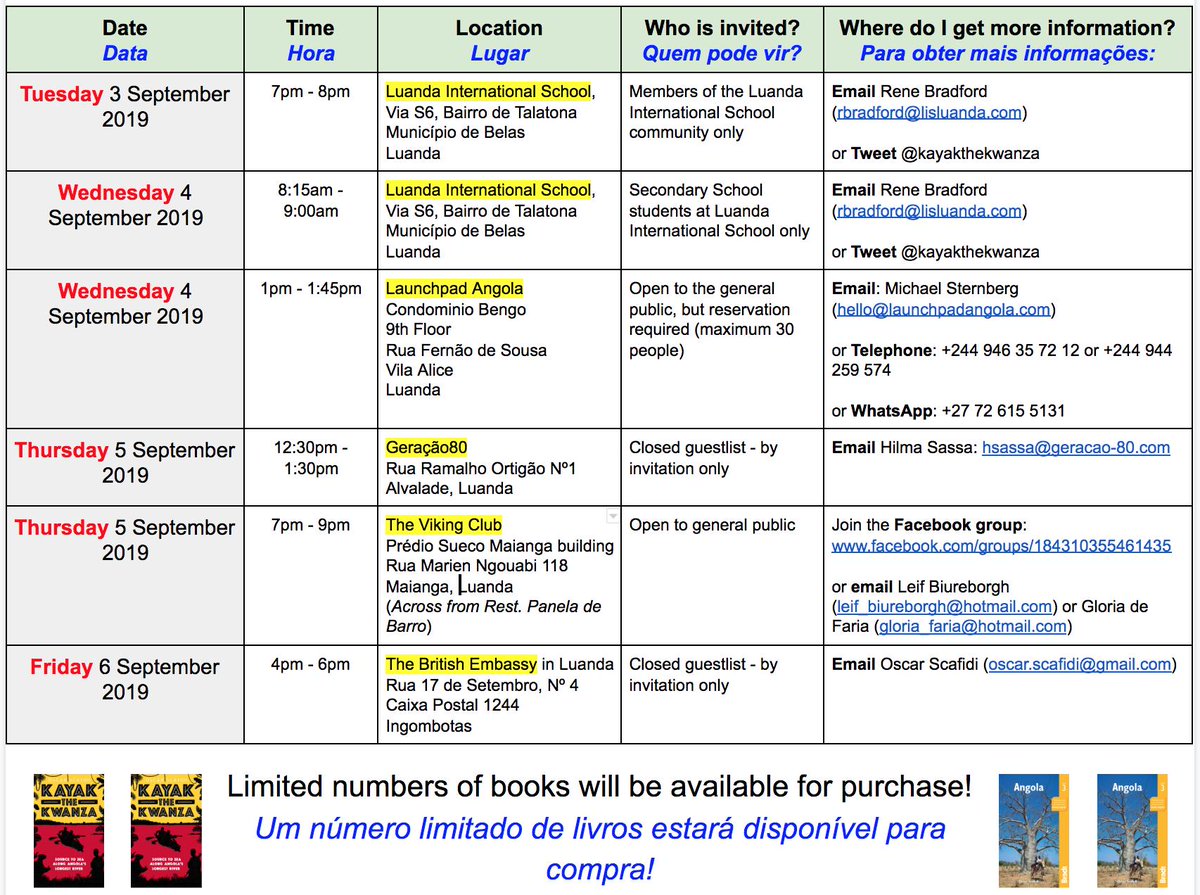 UPDATED TALK SCHEDULE! NOVO HORÁRIO

I'm bringing #KayakTheKwanza &amp; new 
<a href="/BradtGuides/">Bradt Guides</a> #Angola to Luanda September 2-8 for official book launches!

#Luanda em setembro: lançamento dos livros #KayakTheKwanza e o novo guia turístico 
<a href="/BradtGuides/">Bradt Guides</a>. Veja abaixo mais detalhes: