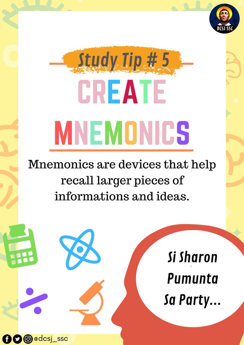 dcsj_ssc's tweet photo. "They memorize everything but they learn nothing." -Esther M. Friesner

As another week fast approaches, lets welcome new ideas with open arms. 💪 Using Mnemonics will help you retain these informations easier, better, and longer! 😌✊

#StudyTipsSaturday 
#InDCANweCAN https://t.co/h0TreYkeAh
