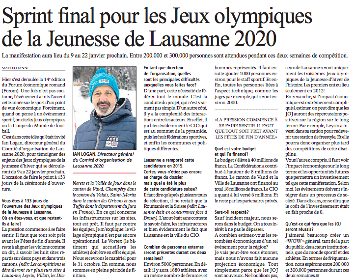 FOROM_CH's tweet photo. Un grand merci à l'@Ageficom qui a consacré un trÚs bel article à Ian Logan, directeur général du Comité d'organisation de Lausanne 2020, troisiÚme édition des Jeux Olympiques de la Jeunesse d'hiver, dans son édition d'hier. Bonne lecture! #FOROM2019 #Lausanne2020 https://t.co/MLBNQ2dkBg