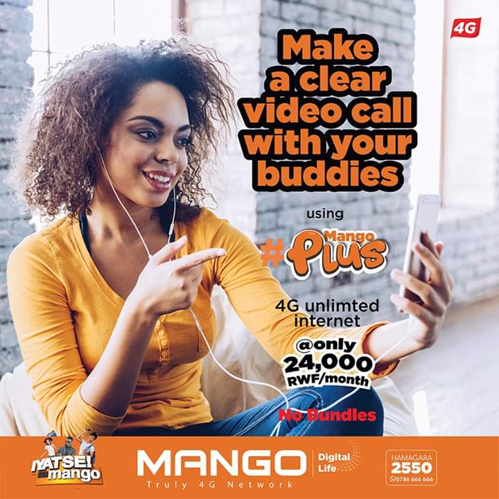 Mango4G's tweet photo. With #MangoPlus 4G unlimited internet pack, communicate with your buddies on a clear video call at as low as Rwf 24,000/month. No bundle limit...
#IyatseNaMango #4GUnlimiteddata #LTEspeed #Smartphone #NoBunddles #FastestInternet #FourthGenerationInternet #MangoTelecom https://t.co/lQNAqfcQe5