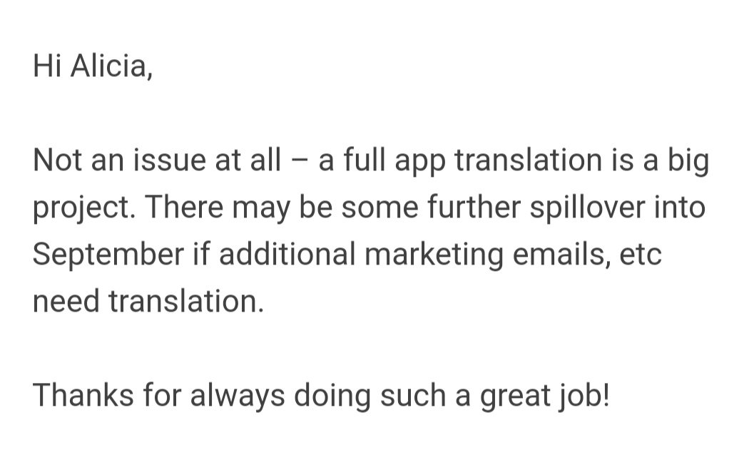AliGoLopez's tweet image. Ayer casi le pedí disculpas a un cliente por facturarle 1850 €, en lugar de los habituales 100-120 € que facturo cada mes. Aquí su respuesta. Qué mal acostumbrados estamos a tener buenos clientes en #traducción. #ClientesMolones #l10n