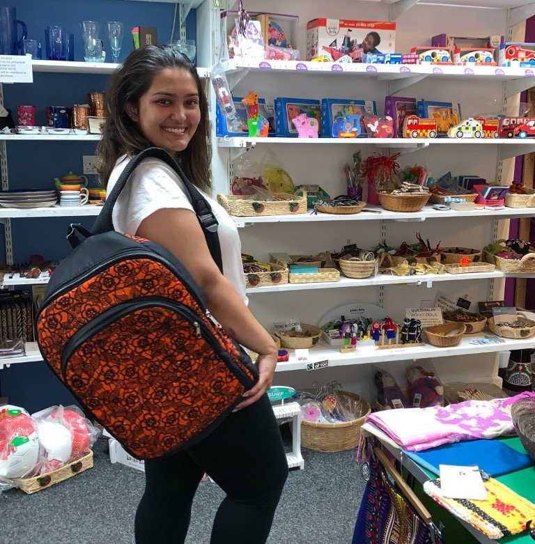 Our sale will end in the next week or so. Do come in and grab a bargain while you can!
Ayna one of our lovely volunteers is carrying this roomy rucksack,  handmade in Uganda, and coming to us via <a href="/PurpleShoots/">Purple Shoots</a>