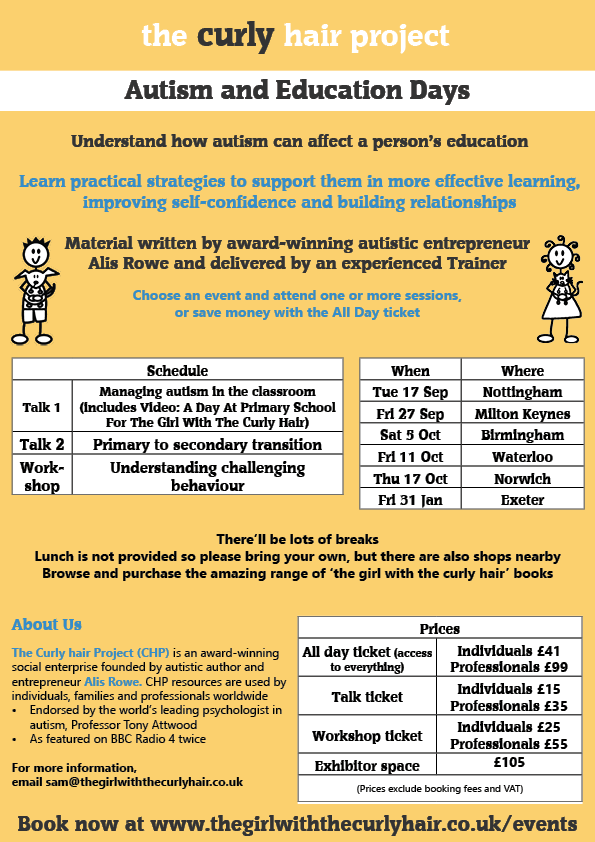 🎊🎊 **NEW #Autism &amp; #Education Days** 🎊🎊
Book now at thegirlwiththecurlyhair.co.uk/events
#Nottingham #MiltonKeynes #Birmingham #Waterloo #London #Norwich #Exeter