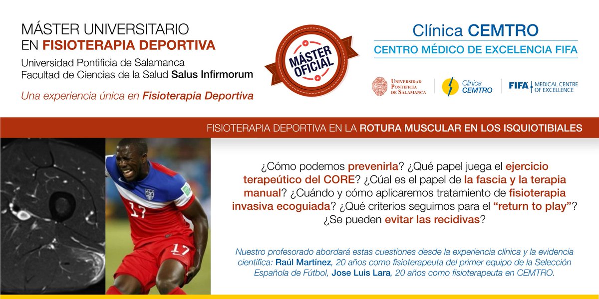 ClinicaCEMTRO's tweet photo. ¿Te gustaría aprenderlo todo en la rotura muscular de los isquiotibiales? ¡Apúntate a la IV Edición de nuestro Máster en #FisioterapiaDeportiva! 
Cuenta con profesorado como Raúl Martínez, 20 años de primer fisio de la @SeFutbol y a Jose Luis Lara 20 años fisio en @ClinicaCEMTRO https://t.co/51FY78uKMh