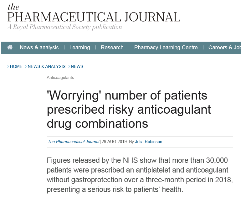 SJaglin's tweet photo. 2 great articles, although concerning, in the @PJOnline_News with excellent contribution from @FatherofHan ! Interaction between #DOACs #AVKs or/and antiplatelets and #NSAIDs leading to GIs + lack of review of anticoagulation
@ThrombosisUK @JoJerrome @bhwords #patientsafety https://t.co/WpXO7mQ8iv