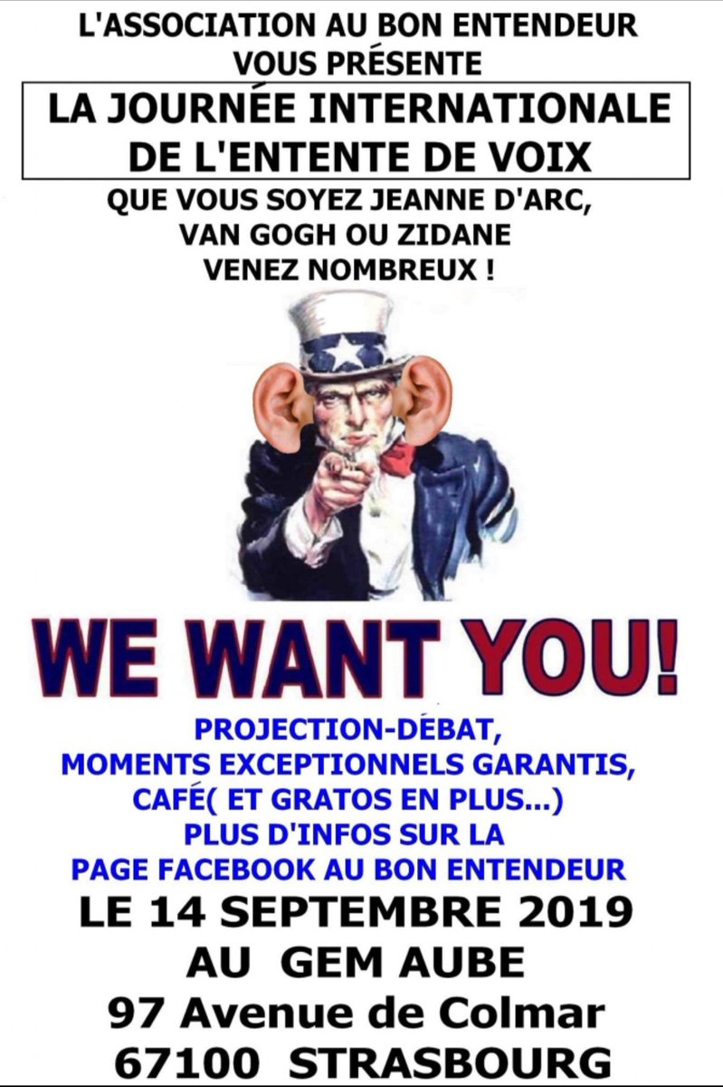 Revfrance1's tweet photo. Le 14 septembre à l'occasion de la journée mondiale de l'entente de voix : rdv au GEM Aube de Strasbourg. #strasbourg #gemaube #aubonentendeur #rencontres #santémentale #ententedevoix https://t.co/8iiULid6rK