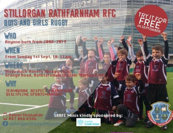 SRRFC minis rugby returns tomorrow Sunday September 1st. Open to boys and girls 2008 to 2014, turn up and have fun!! #FromTheGroundUp #SportPlayingNation #RugbyWorldCup #irfu #backtoschool
