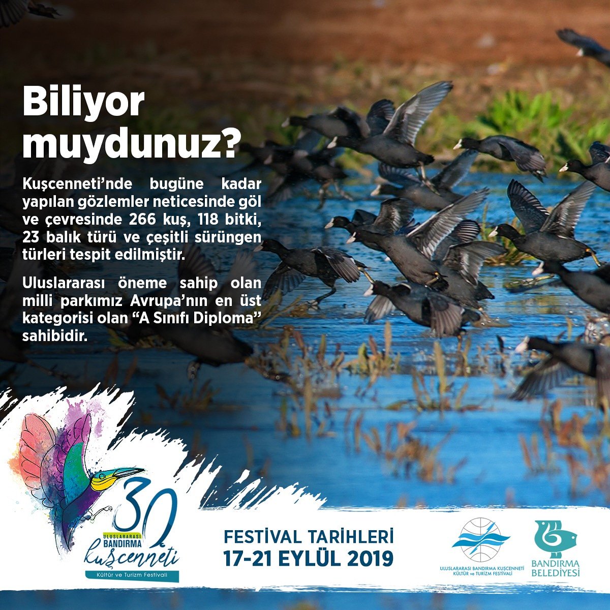📌 Biliyor Muydunuz🤔
Bandırma Kuşcennetinde bugüne kadar yapılan gözlemler neticesinde göl ve çevresinde 266 kuş, 118 bitki, 23 balık türleri tespit edilmiştir
Bu doğa harikasını yerinde görmek ve festival coşkusunu hep birlikte yaşamak için sizleri Bandırma'mıza davet ediyoruz