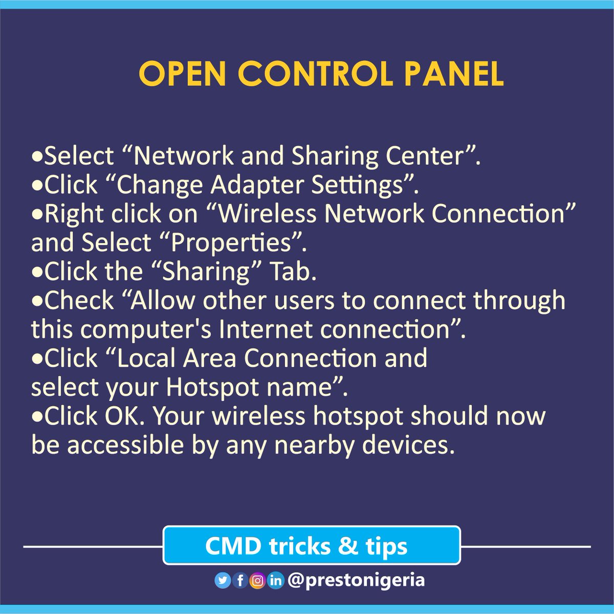 prestonigeria's tweet photo. How to Create a Hotspot in Windows Using Command Prompt <CMD>.

#cmd #commandprompt #Windows10 #Windows #Tips #DoYouKnow #tricks #computertips #cmdtips #hotspot https://t.co/PwN0ekcBXA