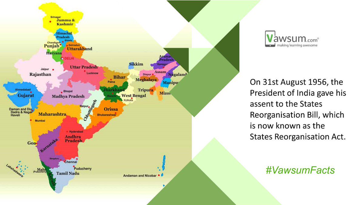 LtdVawsum's tweet photo. On 31st August 1956, the President of India gave his assent to the States Reorganisation Bill, which is now known as the States Reorganisation Act.

To know more such interesting facts, keep following us at https://t.co/VHm0rvxlU9 

Visit us at https://t.co/fFez0oBoZF https://t.co/vyMgh0Dkyf