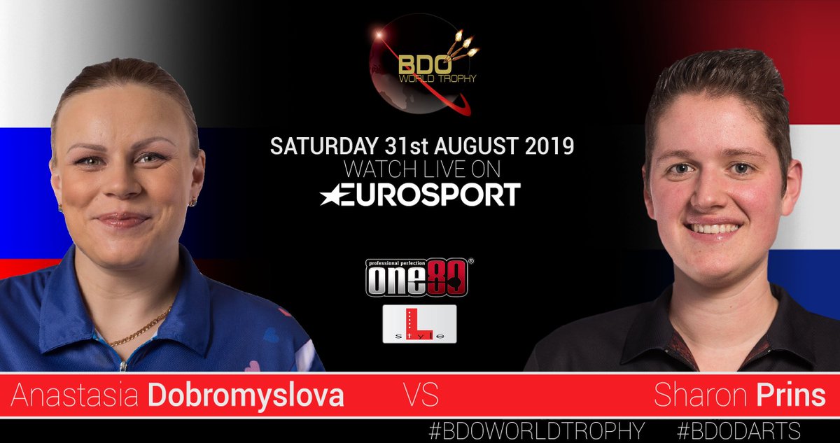 FIRST UP! Its three-time World Champion <a href="/anastasiadarts/">A Dobromyslova</a> Vs <a href="/sprins88/">Sharon Prins</a>. Don't forget the ladies first round matches are best of 7 (first to four) All the action live on @Eurosport_UK
 
#BDOWorldTrophy