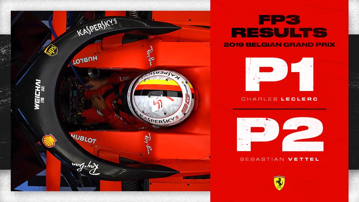 ScuderiaFerrari's tweet photo. Ready and raring to go for #Quali 🙌

Here are your #FP3 results ⬇️

#essereFerrari 🔴 #BelgianGP 🇧🇪 https://t.co/yf4PvzlG9d