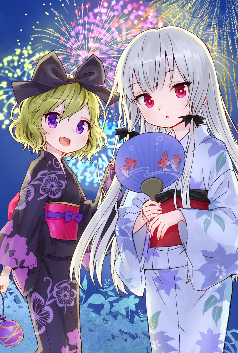 multiple girls fireworks kimono japanese clothes 2girls purple eyes obi  illustration images