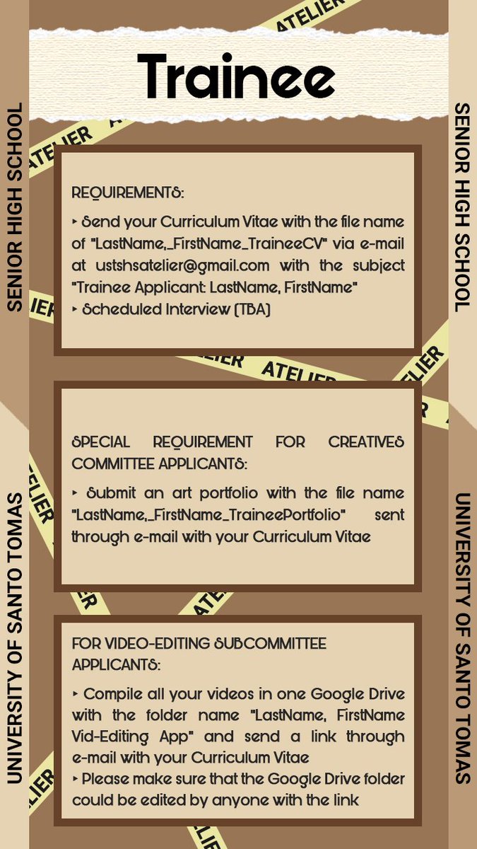 USTSHSAtelier's tweet photo. LUMOS! Attention to all ASPIRING ARTISTS, this is your chance to sort yourself in to your desired committee and divisions in Atelier! ๐ฃ
Check the pubmats for guidelines, requirements, and the link provided in the following tweet.
#LUMOS2019
#AtelierApplications2019
(1/3) https://t.co/FS0fE7TRXR