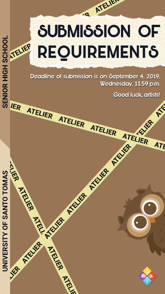 USTSHSAtelier's tweet photo. LUMOS! Attention to all ASPIRING ARTISTS, this is your chance to sort yourself in to your desired committee and divisions in Atelier! ๐ฃ
Check the pubmats for guidelines, requirements, and the link provided in the following tweet.
#LUMOS2019
#AtelierApplications2019
(1/3) https://t.co/FS0fE7TRXR