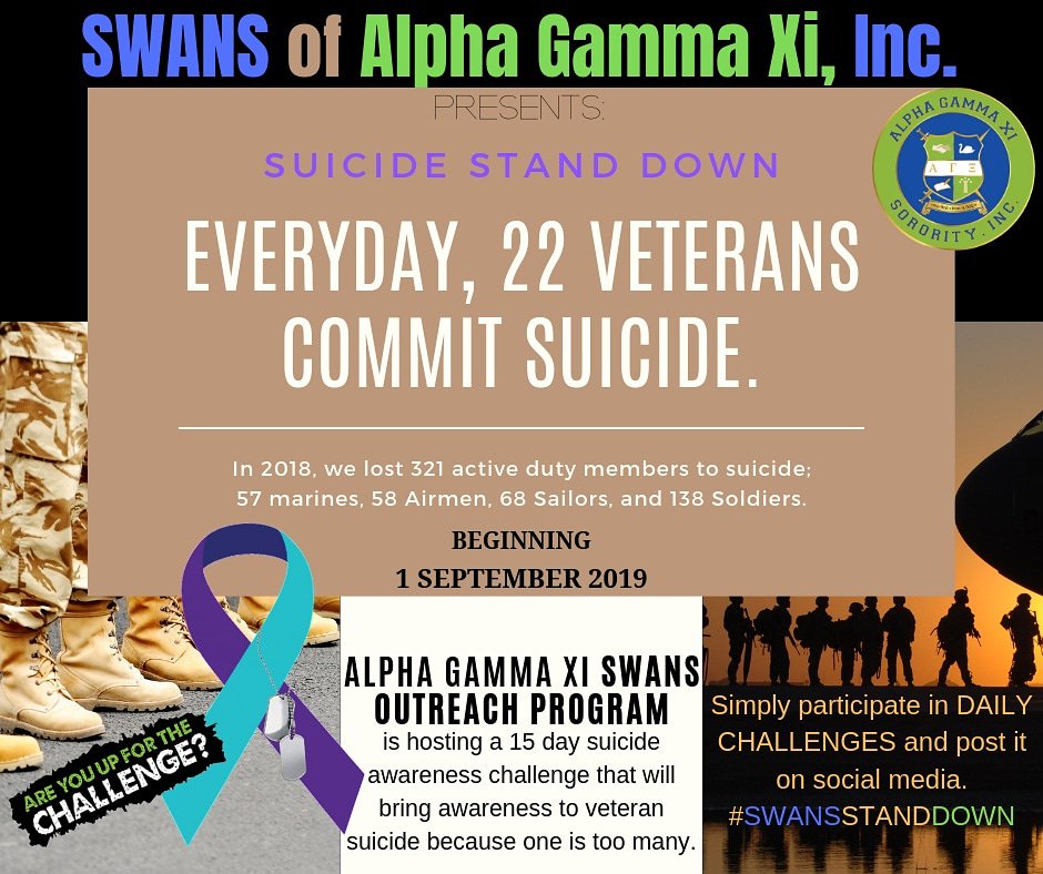 SWANS_Outreach's tweet image. Tomorrow begins Suicide Prevention and Awareness Month. In honor of this month,  Alpha Gamma Xi SWANS (Supporting Women and Nurturing Survivors) is hosting another social media challenge to raise awareness to veteran and military suicide.
Look for our posts and #SWANSSTANDDOWN