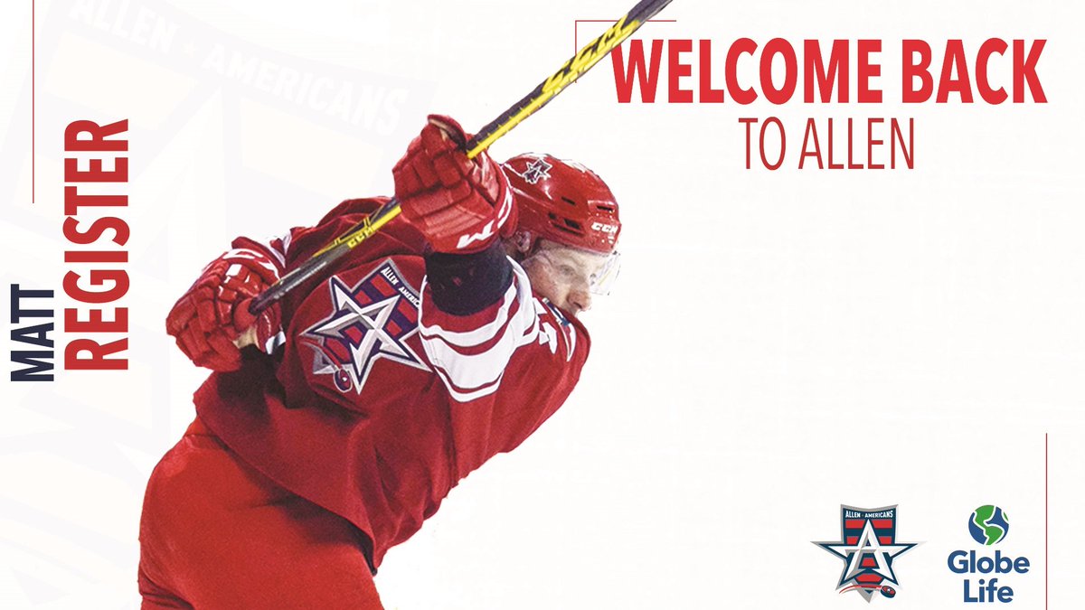 AllenAmericans's tweet photo. BREAKING: Americans and partner @GlobeLife welcome back top defenseman Matt Register https://t.co/ev2B4QtlQJ