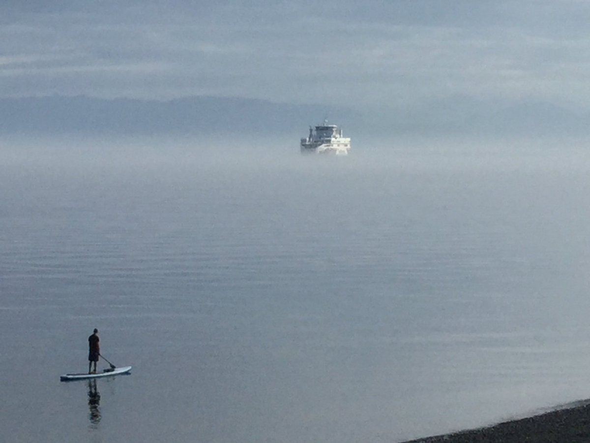 BC Ferries Salish Eagle breaking through the morning mist at Little River, Comox.